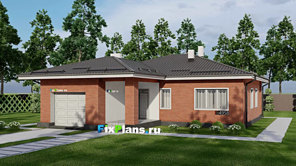 Проект одноэтажного дома 14 на 16, площадью 150 м² с террасой, гаражом на 1 машину и 2 спальнями — фасад 1