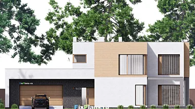 Проект двухэтажного дома 17 на 24, площадью 340 м² с террасой, гаражом на 2 машины и 3 спальнями — фасад 3