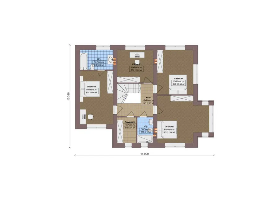 Проект двухэтажного дома 16 на 18, площадью 270 м² с террасой, гаражом на 2 машины и 4 спальнями — 2-й этаж