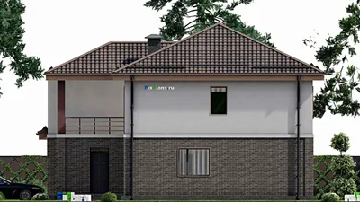 Проект двухэтажного дома 14 на 16, площадью 230 м² с балконом, гаражом на 1 машину и 3 спальнями — фасад 5