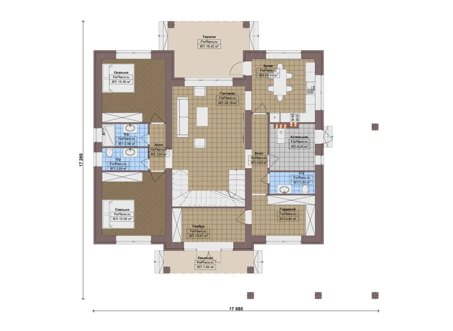 Проект двухэтажного дома 18 на 18, площадью 290 м² с террасой, балконом и 5 спальнями — 1-й этаж
