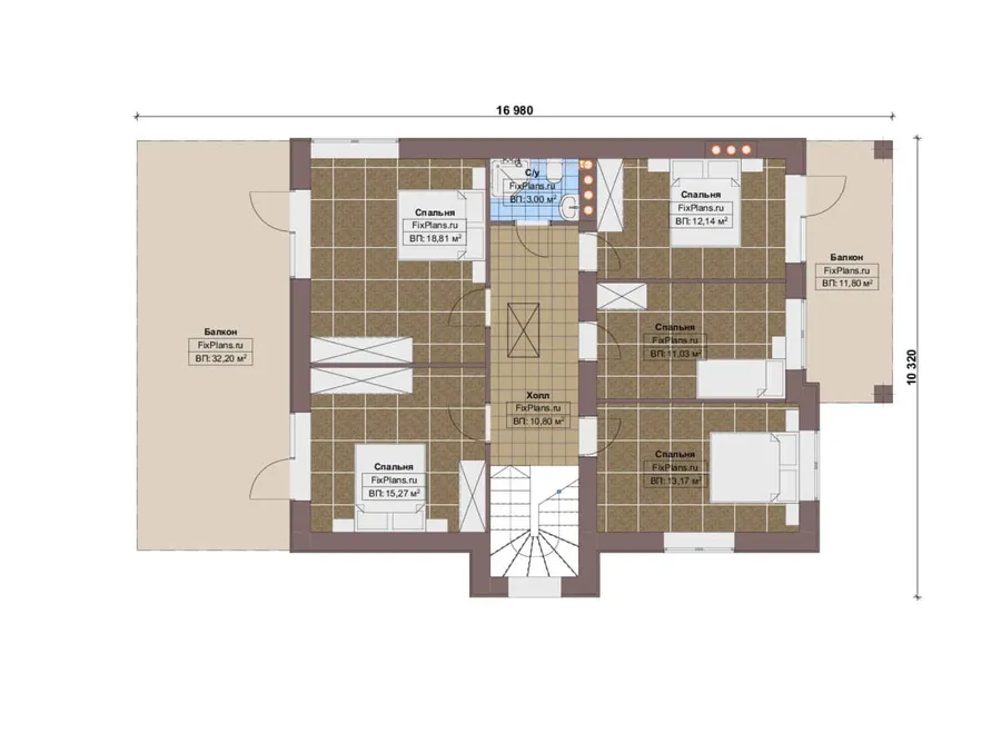 Проект двухэтажного дома 11 на 17, площадью 270 м² с террасой, балконом и 6 спальнями — 2-й этаж