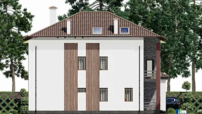 Проект двухэтажного дома 16 на 16, площадью 470 м² с террасой, балконом и 4 спальнями — фасад 4