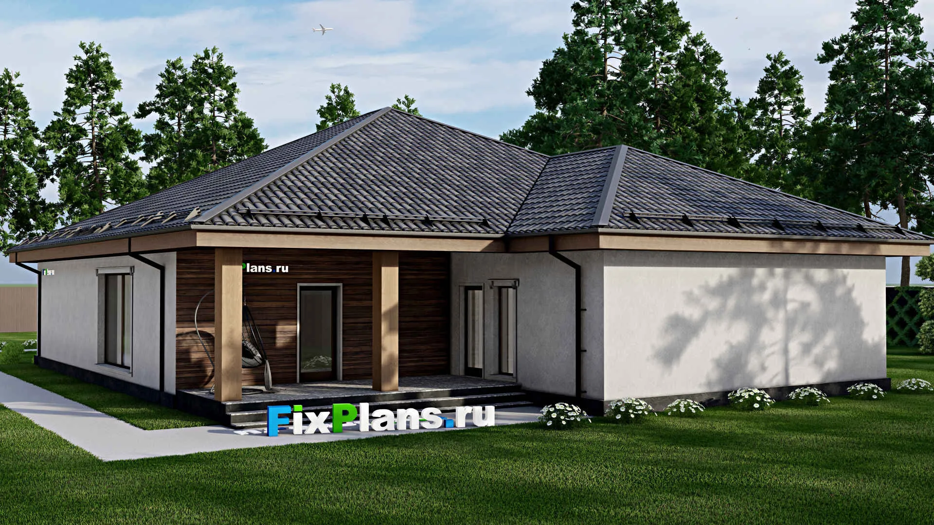 F-10295 - Проект одноэтажного дома 16 на 25, площадью 290 м² с террасой, баней, гаражом на 2 машины и 3 спальнями