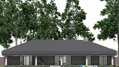 Проект одноэтажного дома 20 на 26, площадью 440 м² с террасой, баней, гаражом на 2 машины и 3 спальнями — фасад 6