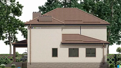 Проект двухэтажного дома 17 на 18, площадью 410 м² с террасой, цокольным этажом, баней, гаражом на 1 машину и 5 спальнями — фасад 4