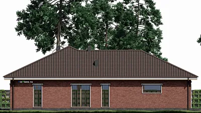 Проект одноэтажного дома 16 на 20, площадью 450 м² с террасой, гаражом на 2 машины и 6 спальнями — фасад 6