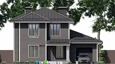 Проект двухэтажного дома 12 на 13, площадью 190 м² с террасой, гаражом на 2 машины и 5 спальнями — фасад 3