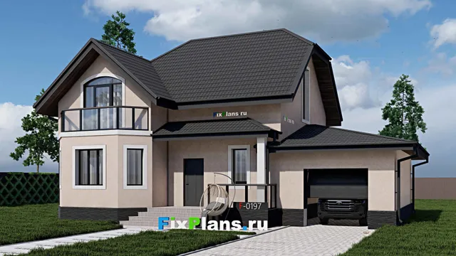 Проект дома с мансардой 11 на 15, площадью 160 м² с террасой, балконом, гаражом на 1 машину и 4 спальнями