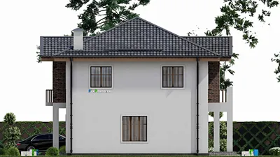 Проект двухэтажного дома 13 на 17, площадью 220 м² с террасой, балконом, гаражом на 2 машины и 3 спальнями — фасад 5