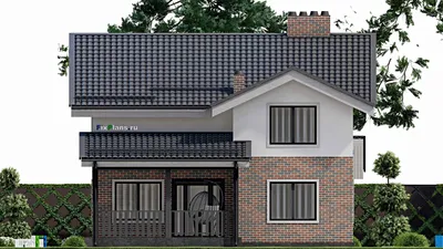 Проект дома с мансардой 10 на 16, площадью 200 м² с террасой, гаражом на 1 машину и 4 спальнями — фасад 5