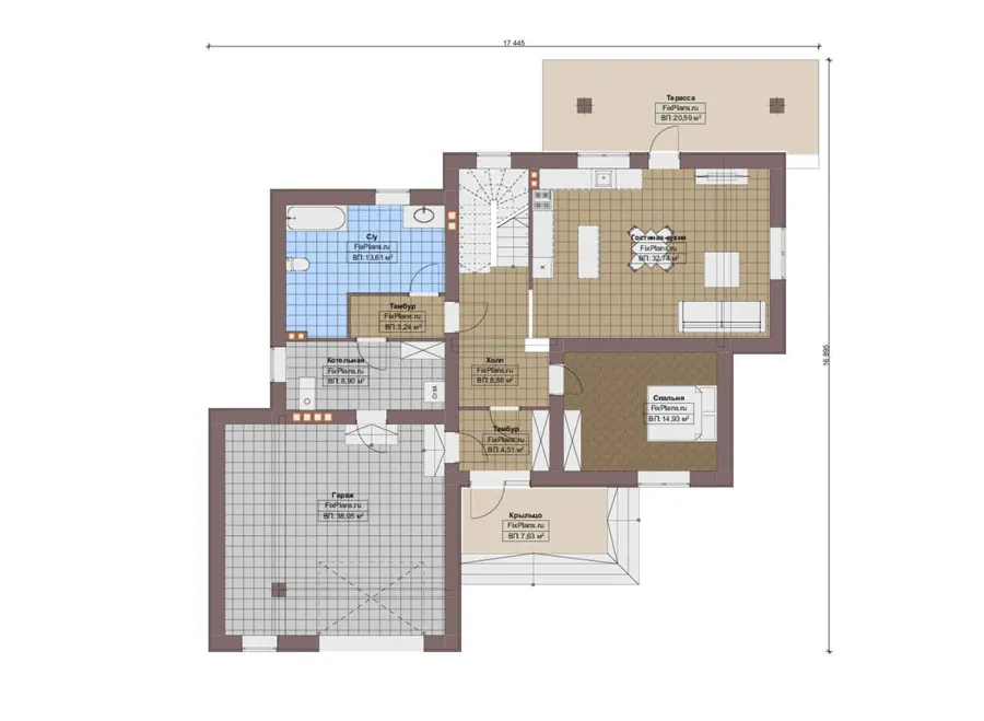 Проект двухэтажного дома 17 на 18, площадью 270 м² с террасой, балконом, гаражом на 2 машины и 3 спальнями — 1-й этаж
