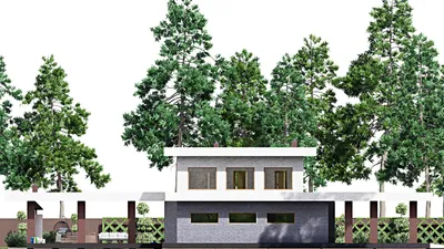 Проект двухэтажного дома 22 на 33, площадью 360 м² с террасой, баней, гаражом на 2 машины и 3 спальнями — фасад 4