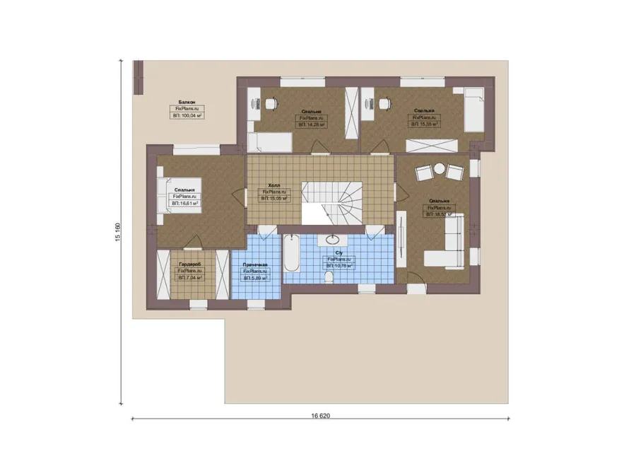 Проект двухэтажного дома 16 на 17, площадью 410 м² с террасой, балконом, гаражом на 2 машины и 4 спальнями — 2-й этаж