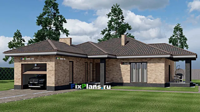 Проект одноэтажного дома 14 на 20, площадью 170 м² с террасой, гаражом на 1 машину и 3 спальнями
