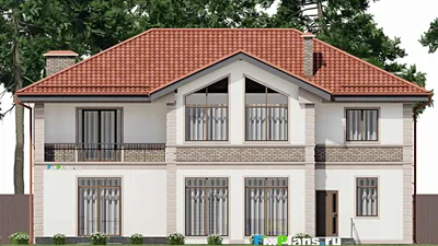 Проект двухэтажного дома 15 на 18, площадью 330 м² с террасой, балконом и 5 спальнями — фасад 6