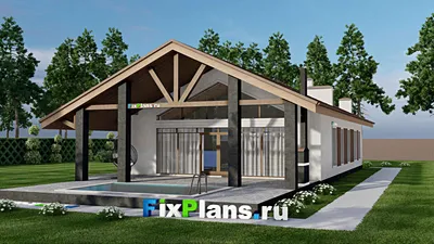 Проект одноэтажного дома 12 на 26, площадью 260 м² с террасой, баней и 2 спальнями — фасад 2