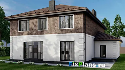 Проект двухэтажного дома 16 на 19, площадью 340 м² с террасой, гаражом на 2 машины и 5 спальнями — фасад 2