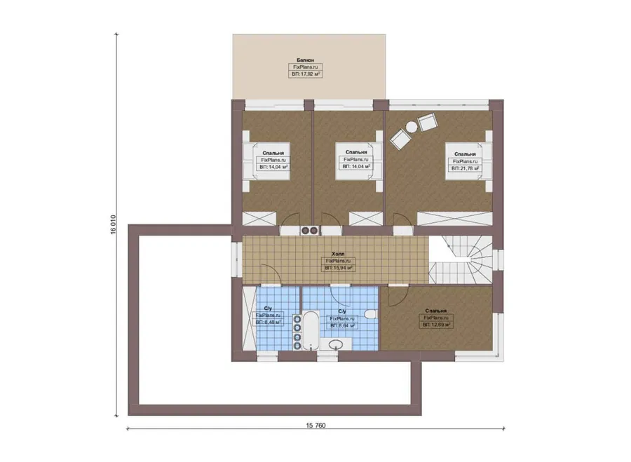 Проект двухэтажного дома 16 на 16, площадью 290 м² с террасой, балконом, гаражом на 1 машину и 4 спальнями — 2-й этаж
