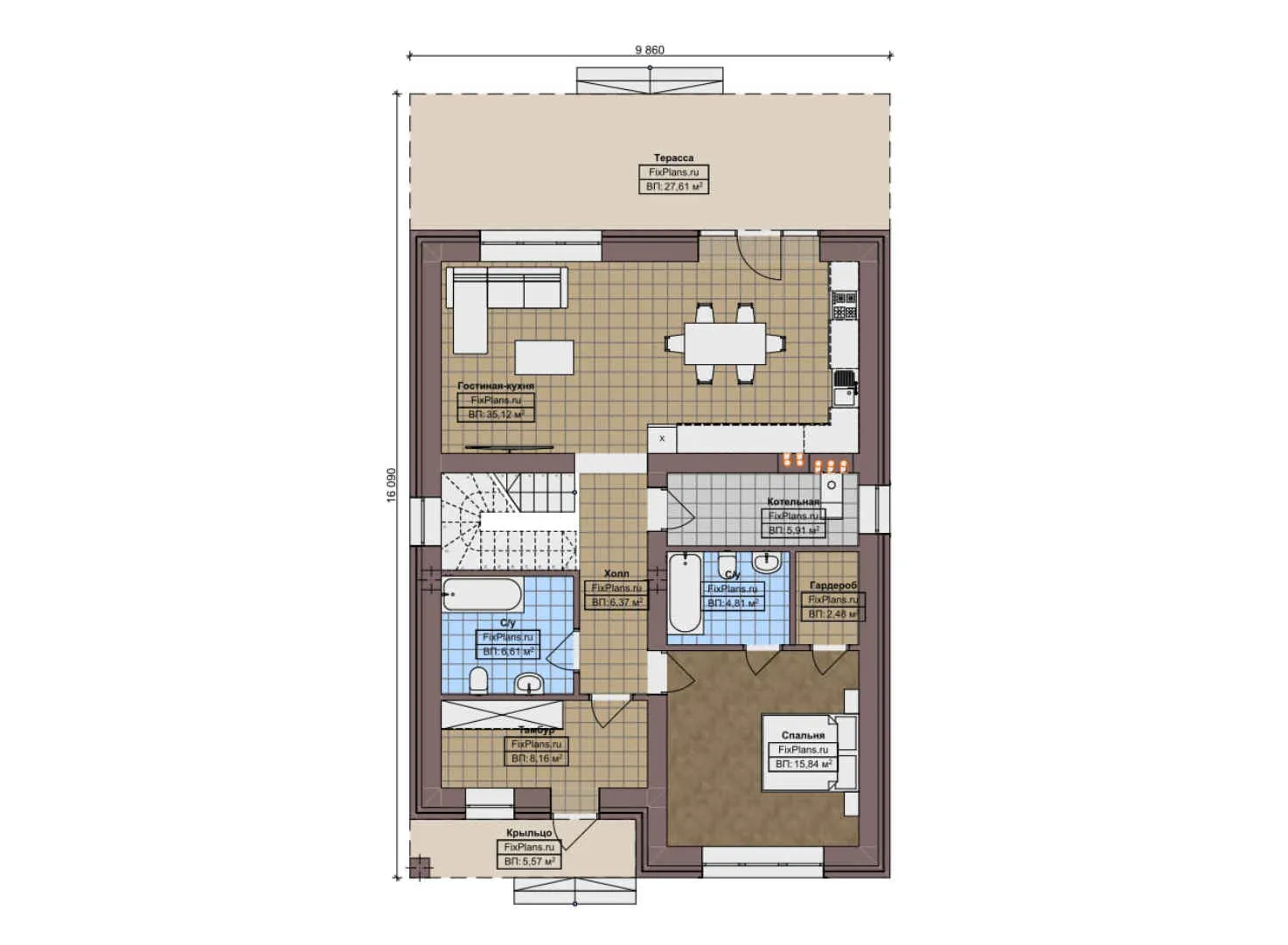 F-10637 - Планы дома с мансардой 10 на 17, площадью 210 м² с террасой и 5 спальнями