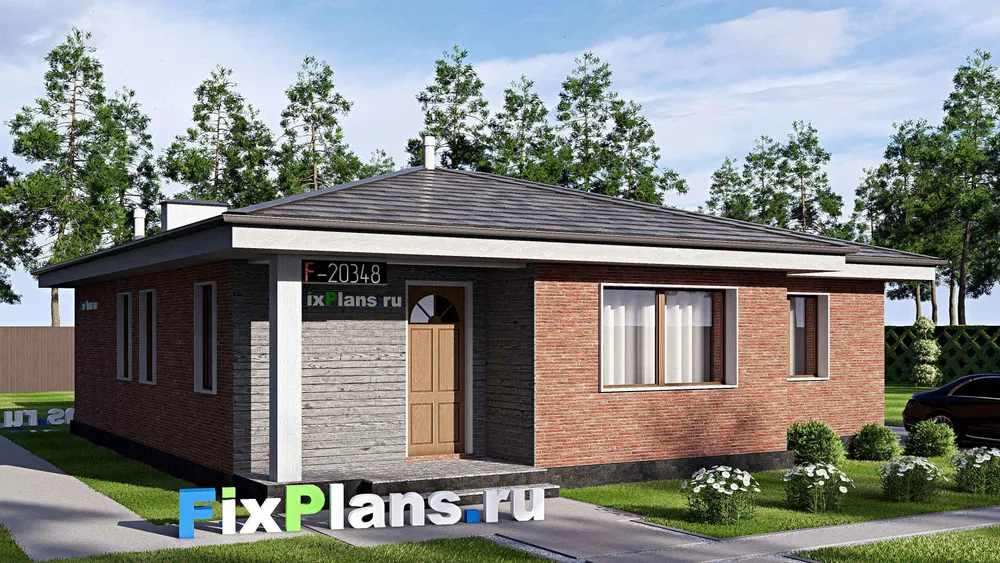 Проект одноэтажного дома 12 на 15, площадью 120 м² с террасой и 3 спальнями — фасад 1