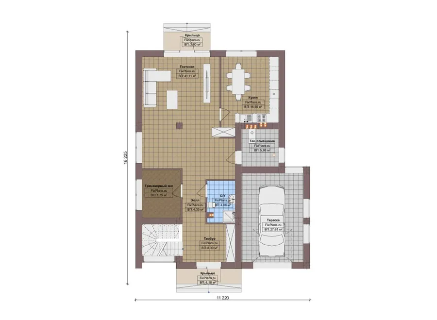 Проект двухэтажного дома 12 на 17, площадью 240 м² с террасой, балконом и 3 спальнями — 1-й этаж