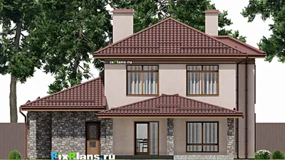Проект двухэтажного дома 12 на 15, площадью 200 м² с террасой, гаражом на 1 машину и 5 спальнями (F-2222) — фасад 4
