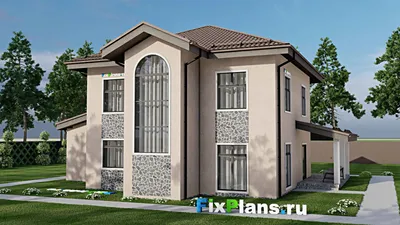Проект двухэтажного дома 15 на 15, площадью 240 м² с террасой, балконом, баней, гаражом на 1 машину и 3 спальнями — фасад 2