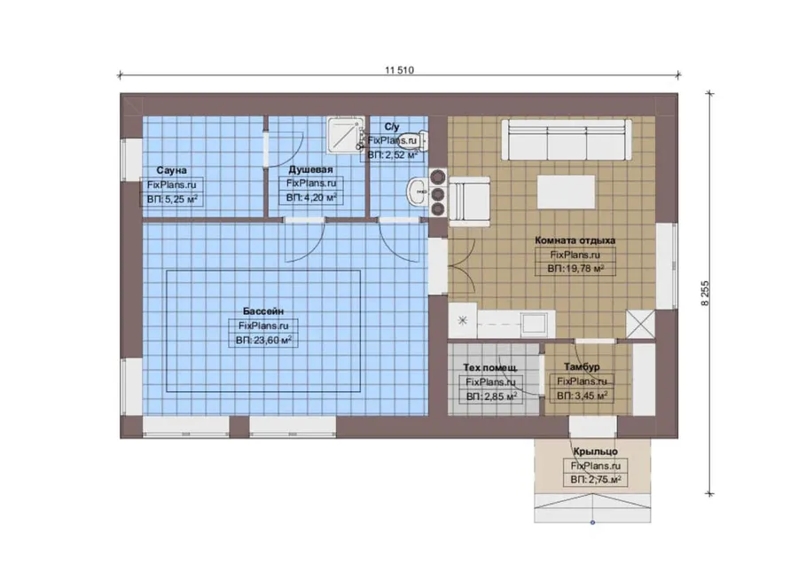 Проект бани 9 на 12, площадью 70 м² с комнатой отдыха, бассейном и санузлом — 1-й этаж
