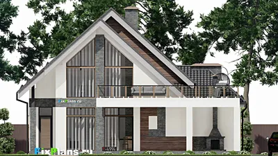 Проект дома с мансардой 15 на 15, площадью 350 м² с террасой, балконом и 4 спальнями — фасад 3