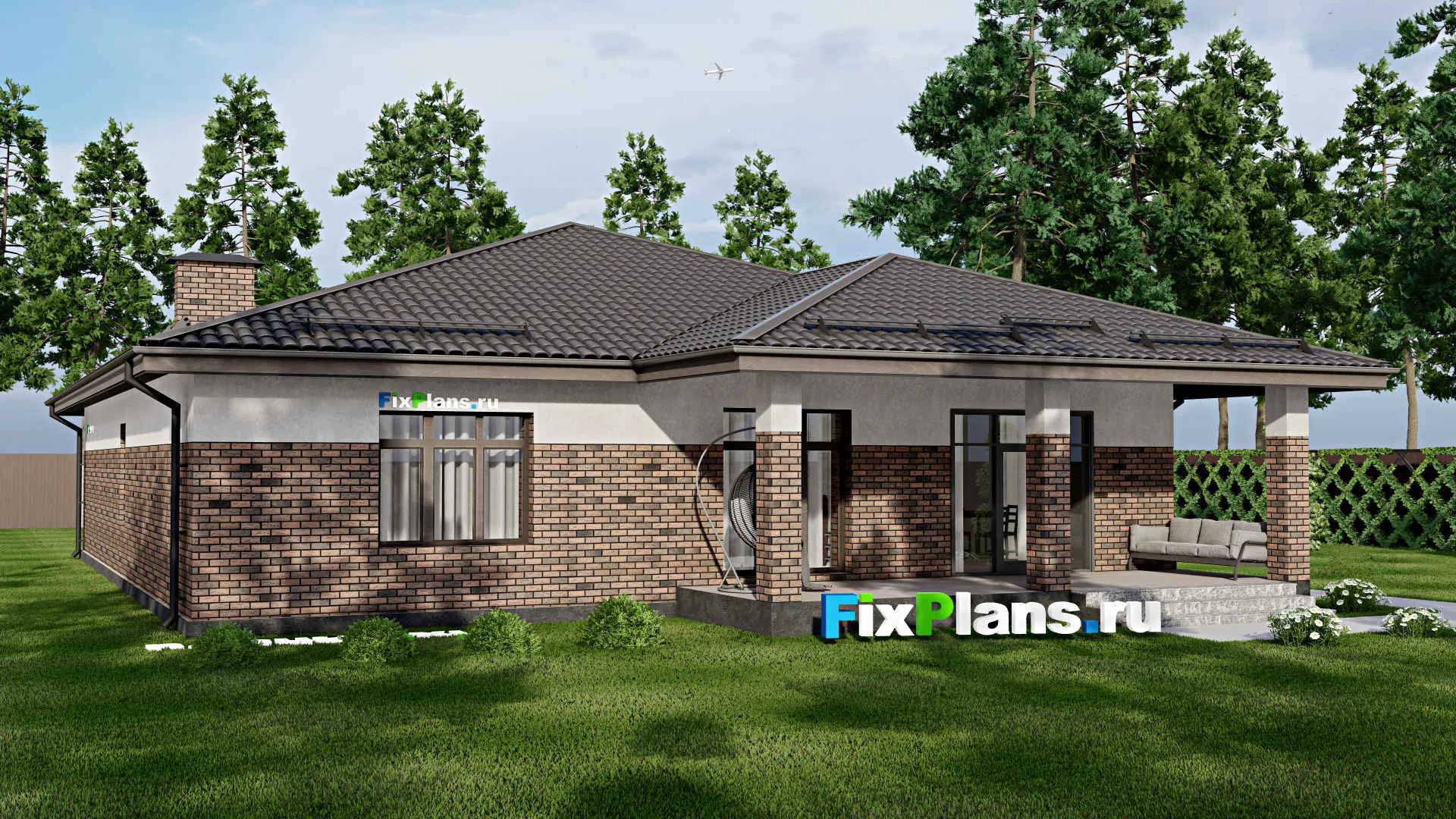 F-4310 - Проект одноэтажного дома 15 на 18, площадью 230 м² с террасой, баней, гаражом на 1 машину и 3 спальнями