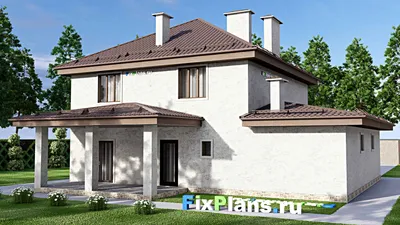 Проект двухэтажного дома 14 на 15, площадью 210 м² с террасой, баней, гаражом на 1 машину и 3 спальнями — фасад 2