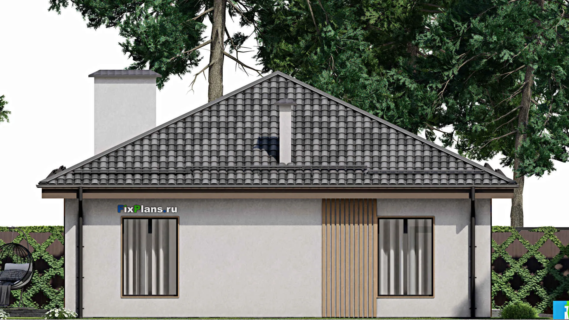 F-7181 - Проект одноэтажного дома 14 на 17, площадью 170 м² с террасой, гаражом на 1 машину и 3 спальнями