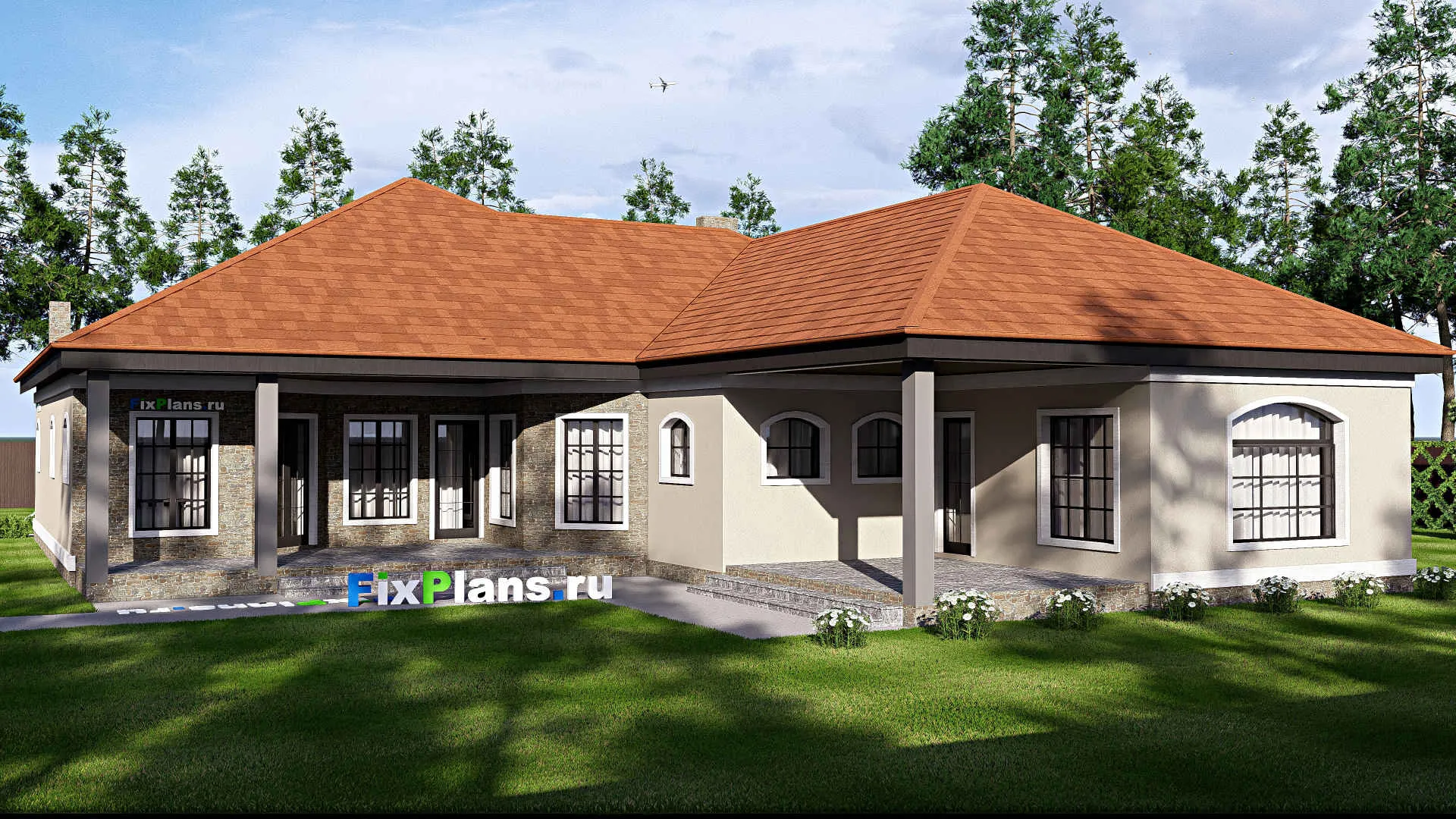 F-17279 - Проект одноэтажного дома 20 на 24, площадью 310 м² с террасой, гаражом на 2 машины и 4 спальнями