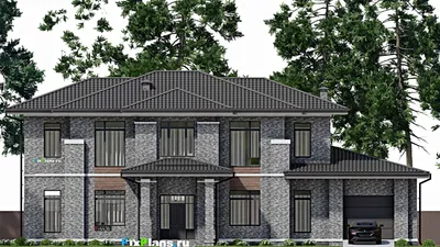 Проект двухэтажного дома 16 на 23, площадью 320 м² с террасой, балконом, гаражом на 1 машину и 4 спальнями — фасад 3