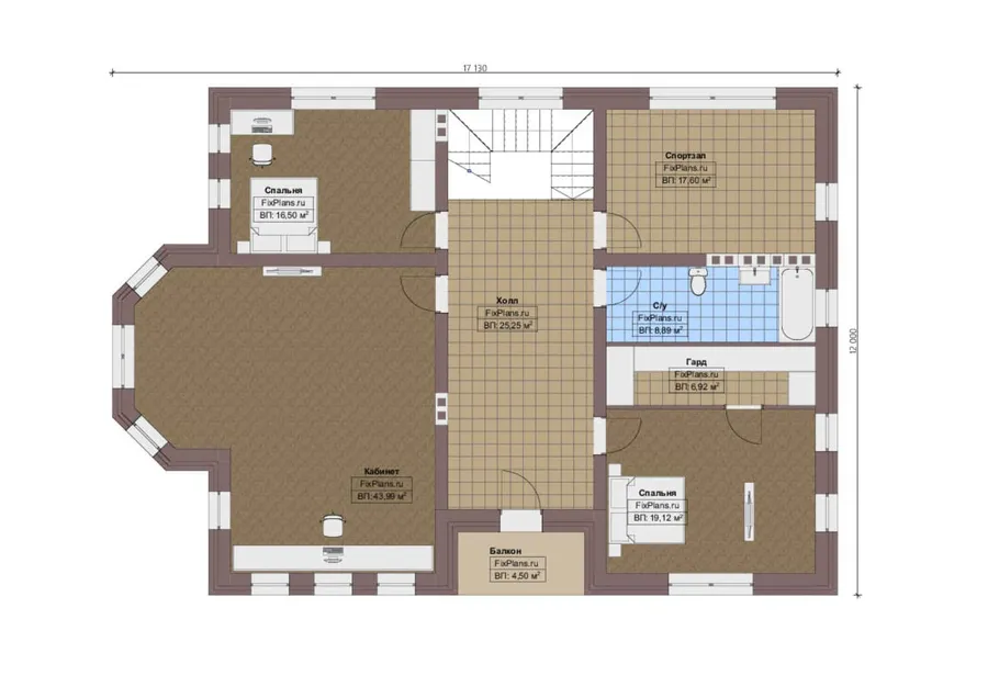 Проект двухэтажного дома 12 на 20, площадью 350 м² с террасой, балконом, спортзалом и 2 спальнями — 2-й этаж
