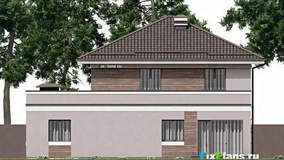 Проект двухэтажного дома 13 на 17, площадью 300 м² с террасой, балконом, гаражом на 2 машины и 4 спальнями — фасад 6