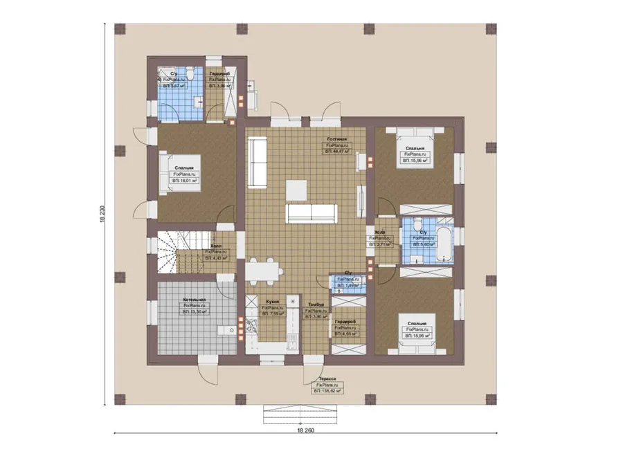 Проект дома с мансардой 19 на 19, площадью 340 м² с террасой, балконом и 4 спальнями — 1-й этаж