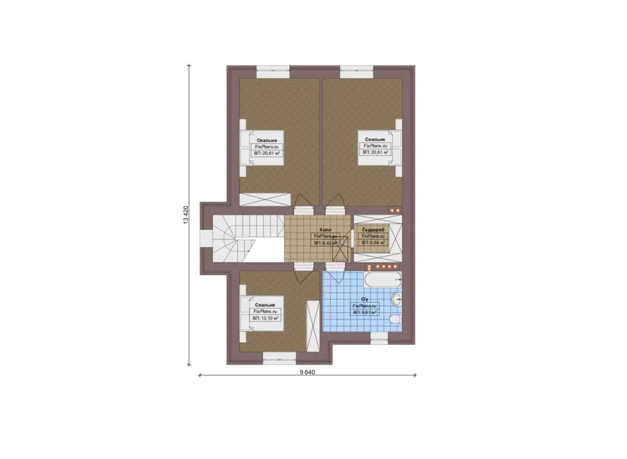 Проект двухэтажного дома 17 на 18, площадью 250 м² с террасой, гаражом на 2 машины и 4 спальнями — 2-й этаж