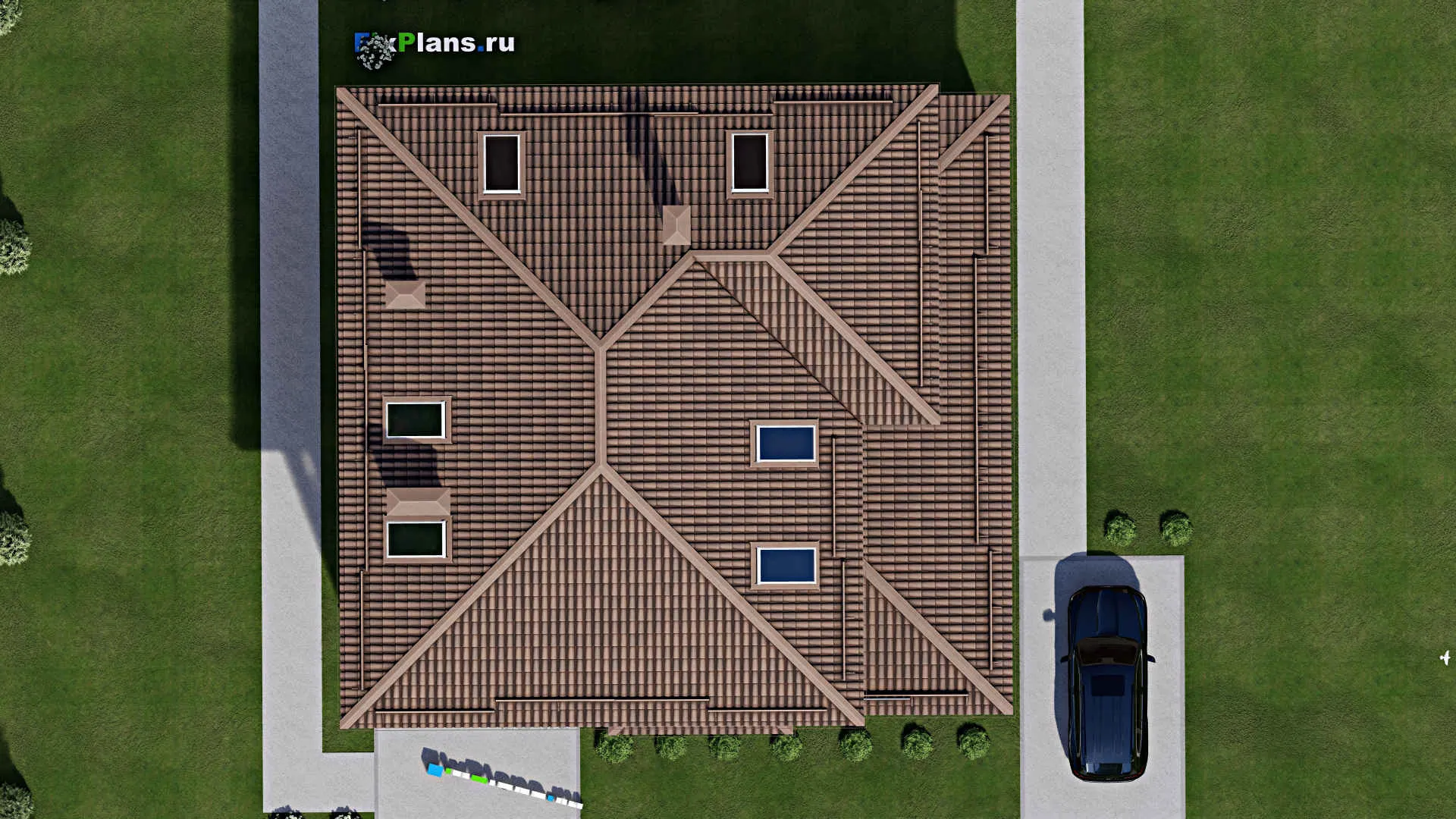 F-9944 - Проект двухэтажного дома 16 на 16, площадью 470 м² с террасой, балконом и 4 спальнями