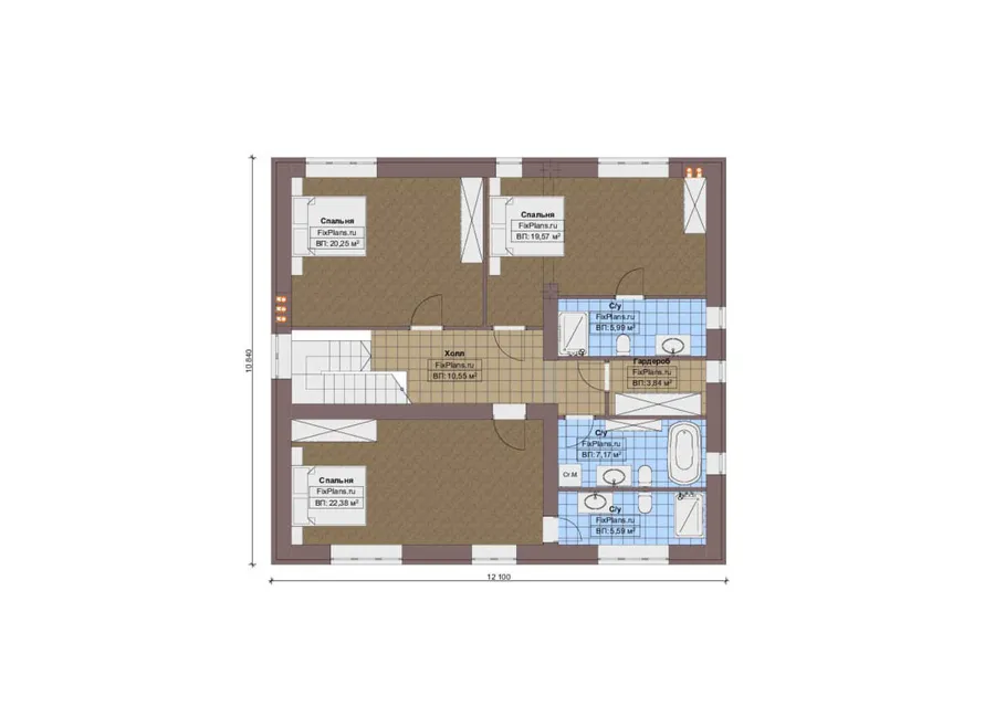 Проект двухэтажного дома 15 на 19, площадью 260 м² с террасой, гаражом на 1 машину и 4 спальнями — 2-й этаж