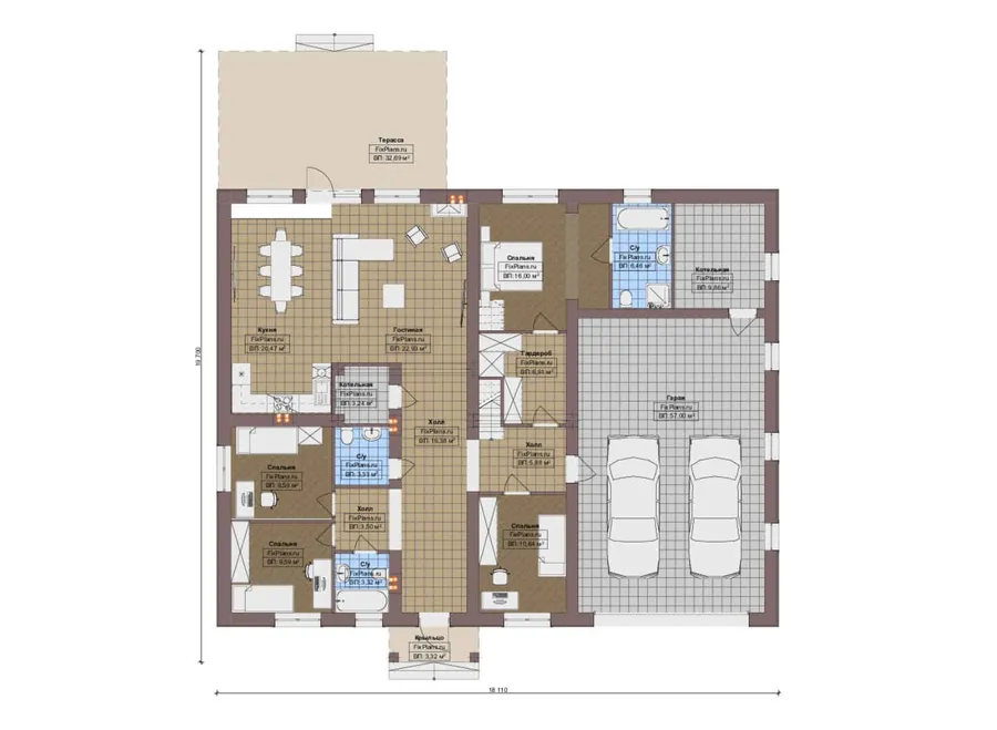 Проект дома с мансардой 19 на 20, площадью 270 м² с террасой, гаражом на 2 машины и 4 спальнями — 1-й этаж