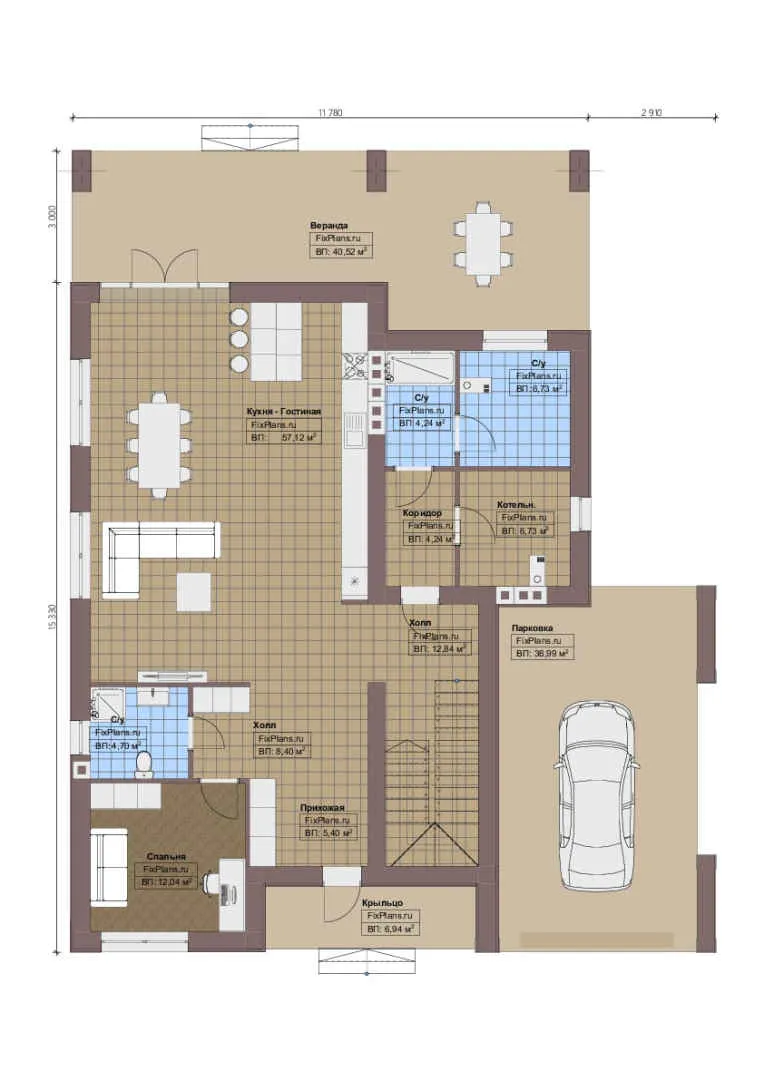 Проект двухэтажного дома 12 на 16, площадью 330 м² с террасой, балконом и 5 спальнями — 1-й этаж