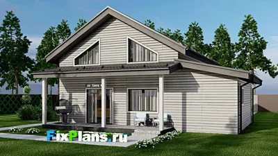 Проект дома с мансардой 11 на 13, площадью 170 м² с террасой, балконом, цокольным этажом, гаражом на 1 машину и 4 спальнями — фасад 2