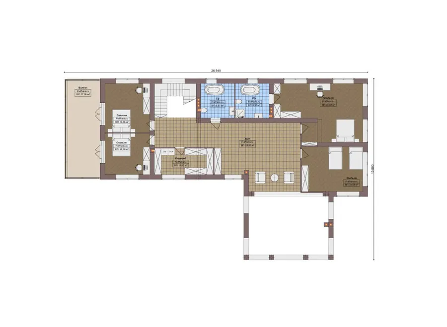 Проект двухэтажного дома 19 на 35, площадью 610 м² с террасой, балконом, гаражом на 2 машины, бассейном и 4 спальнями — 2-й этаж