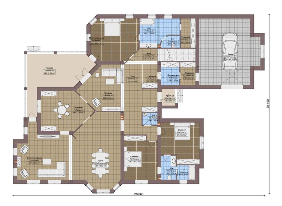 Проект дома с мансардой 21 на 29, площадью 410 м² с террасой, гаражом на 2 машины и 3 спальнями — 1-й этаж