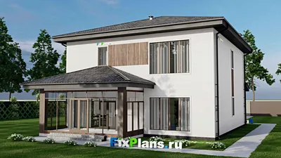 Проект двухэтажного дома 13 на 17, площадью 280 м² с террасой, балконом и 3 спальнями — фасад 2