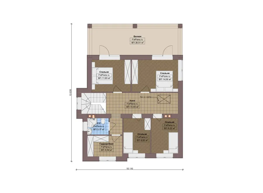 Проект двухэтажного дома 11 на 15, площадью 210 м² с террасой, балконом и 5 спальнями — 2-й этаж
