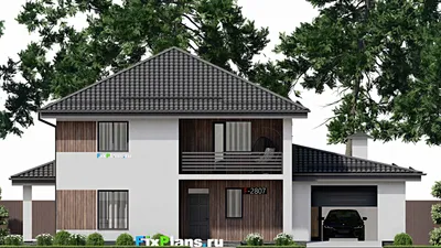 Проект двухэтажного дома 12 на 16, площадью 230 м² с террасой, балконом, гаражом на 1 машину и 6 спальнями — фасад 3
