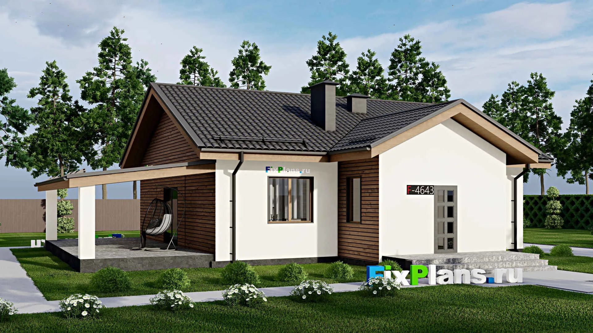 F-4643 - Проект одноэтажного дома 13 на 13, площадью 170 м² с террасой и 3 спальнями